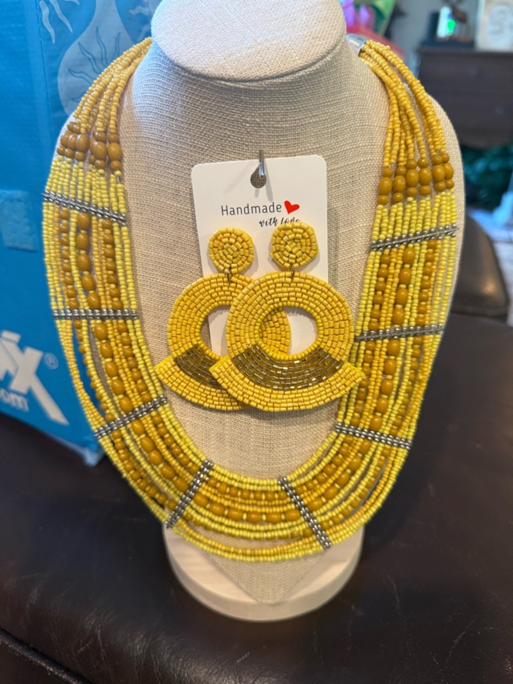 Handmade Yellow Beaded Statement Necklace and Earring Set